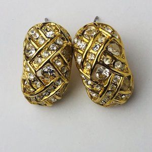 Antique Gold Colored Earrings Filigree and Faux Diamonds / Crystals Vintage 70s